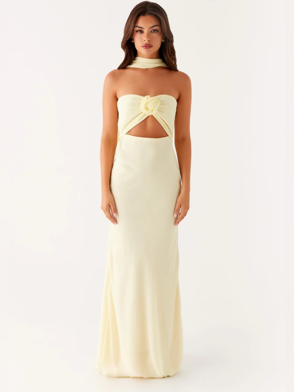 Peppermayo Strapless Cutout Maxi Dress in Pale Yellow